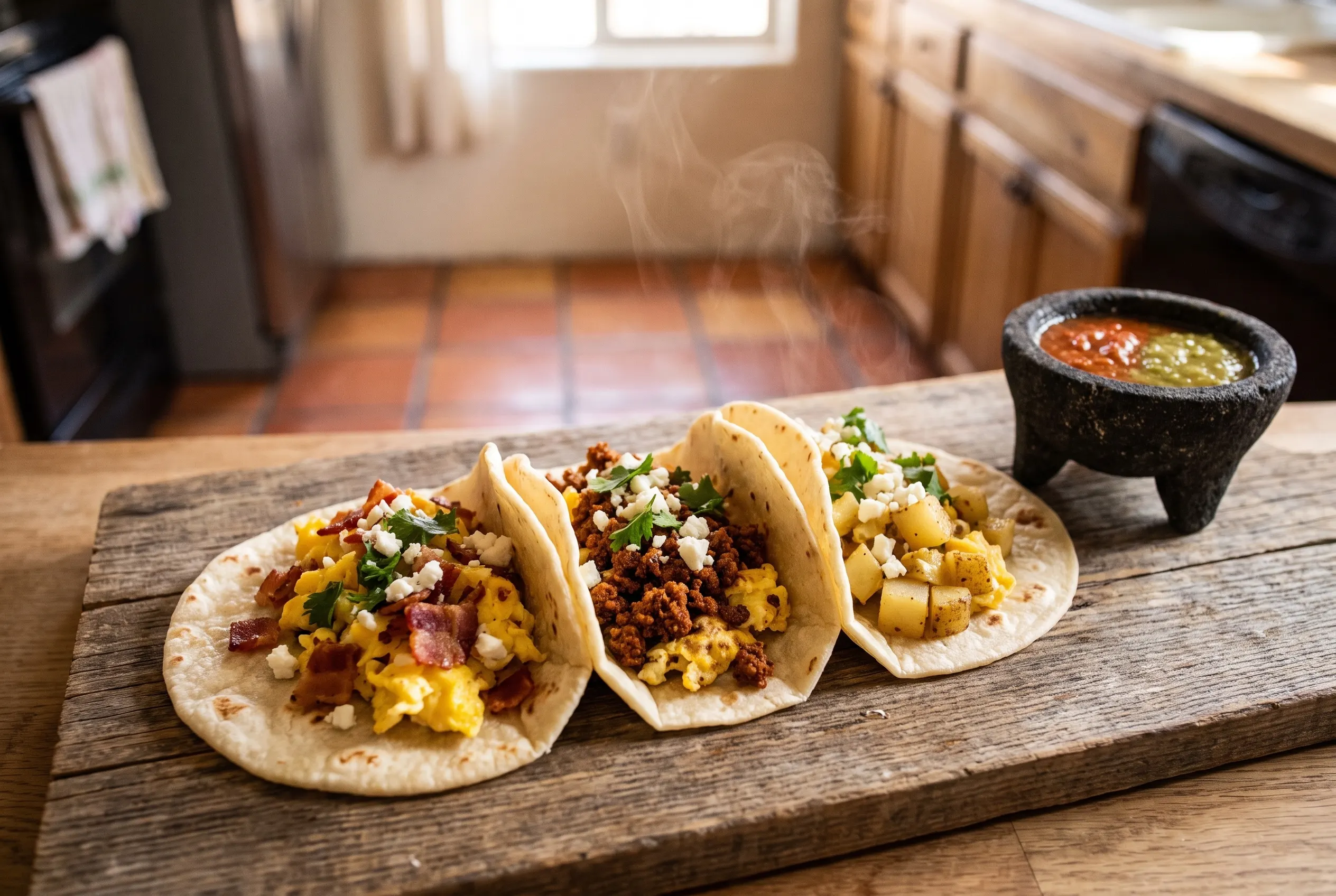 Breakfast tacos on flour tortillas with salsa