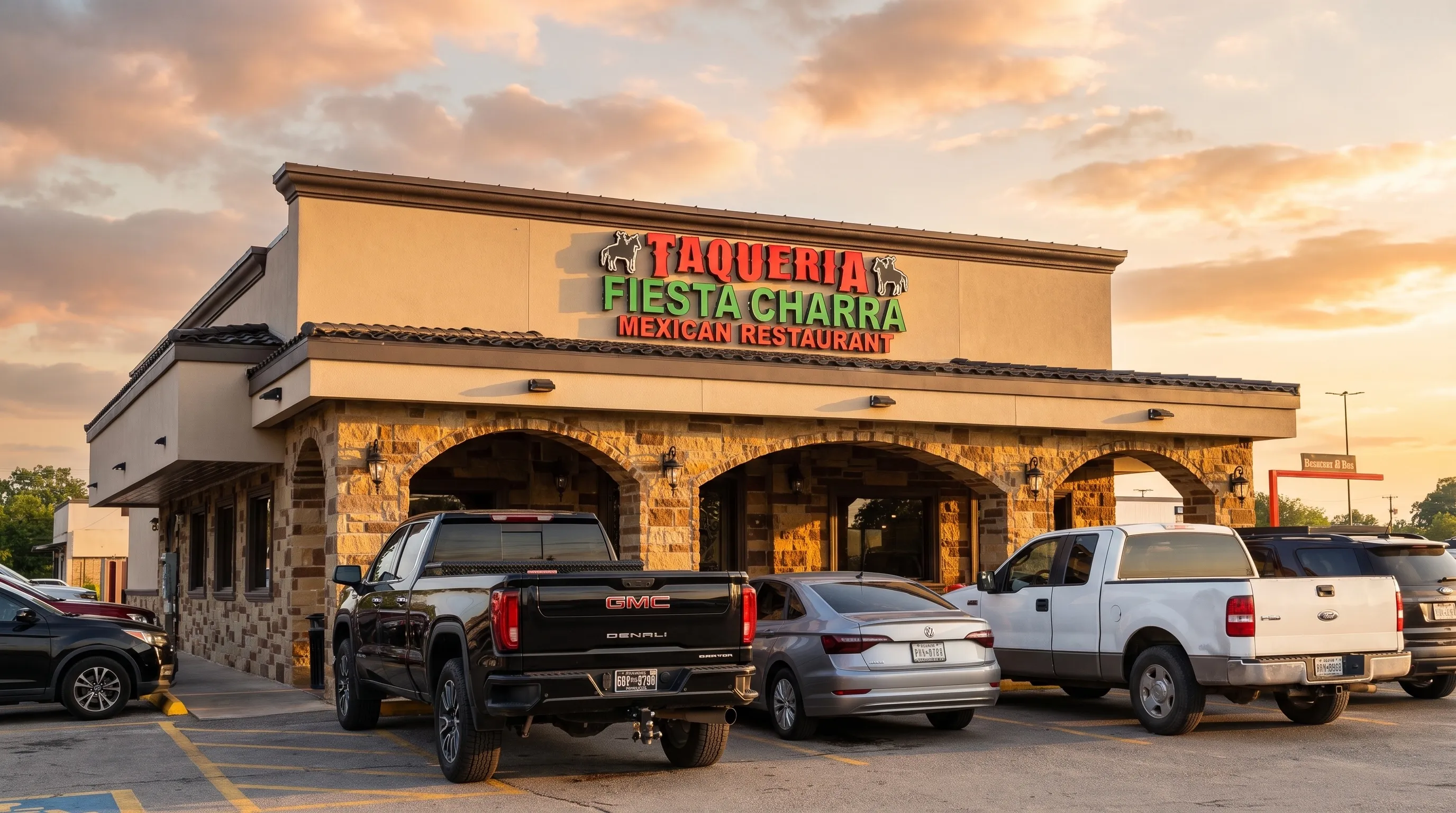 Taquería Fiesta Charra restaurant at golden hour, San Antonio